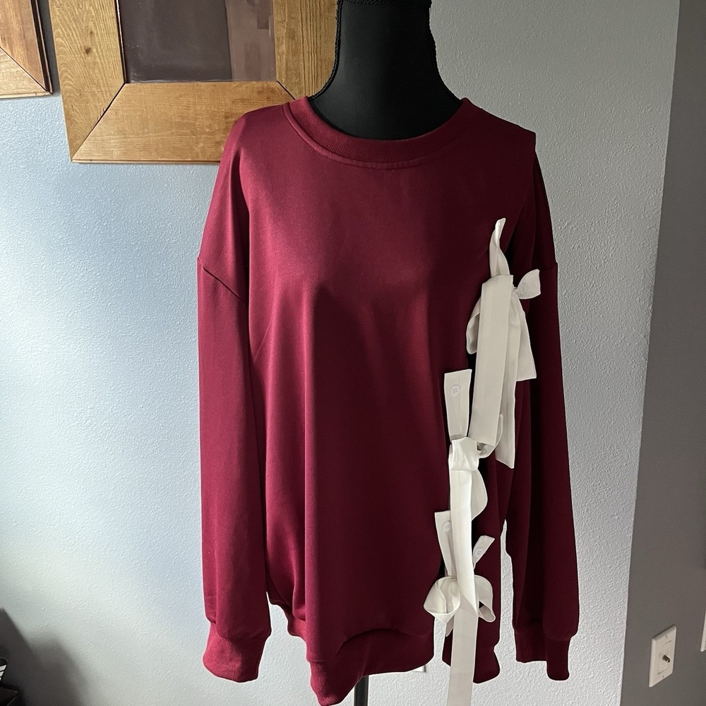 NWT Incerun Blouse Women's L Maroon Oversized White Bows